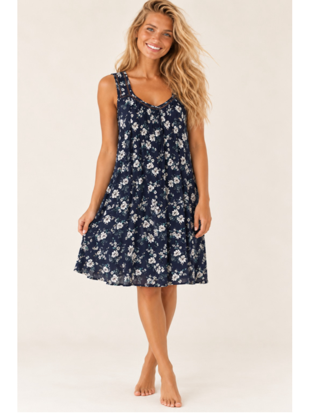 Entro Navy Floral Knee Length Swing Dress Feminine Boho Romantic Whimsical M